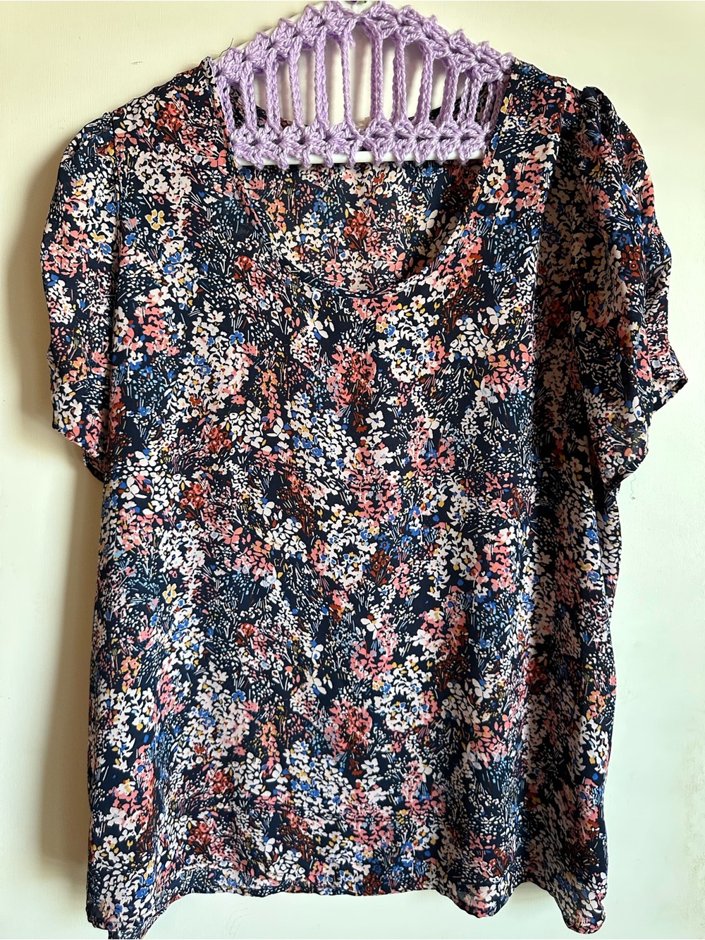 Maurices Navy Floral Short Sleeve Blouse with Pink & White